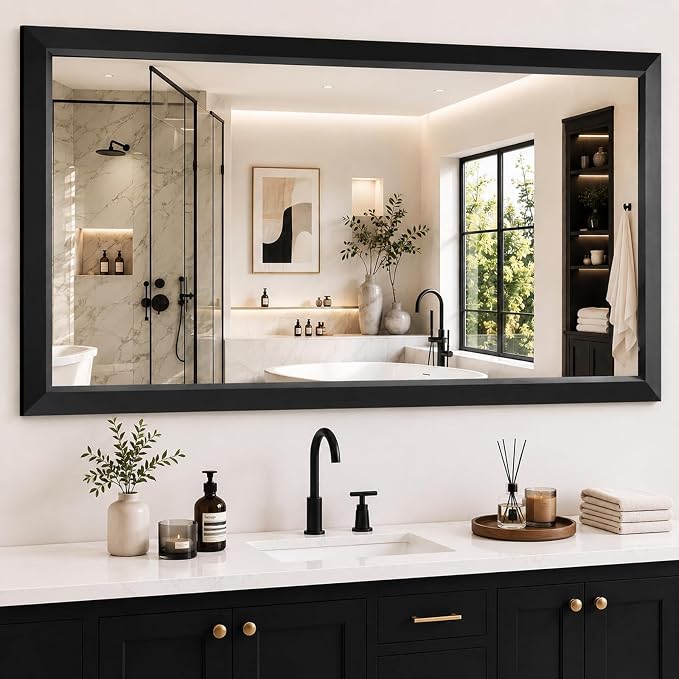 Black Bathroom Mirror for Over Sink, 32x40Inch Thick Anti-Rust Metal Frame, Rectangle Decorative Wall Mirror with HD Tempered Glass Horizontal or Vertical Mount for Vanity, Bedroom, Living Room