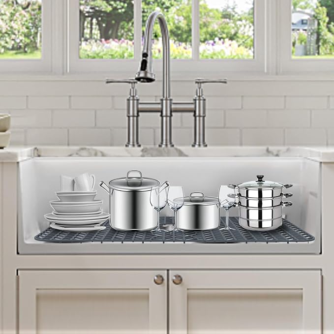 GUUKIN Sink Protectors for Kitchen Mat - 29"x 15.35" Silicone Kitchen Sink Mat Grid for Bottom of Farmhouse Stainless Steel Porcelain with 3 Reserved Holes(Grey)