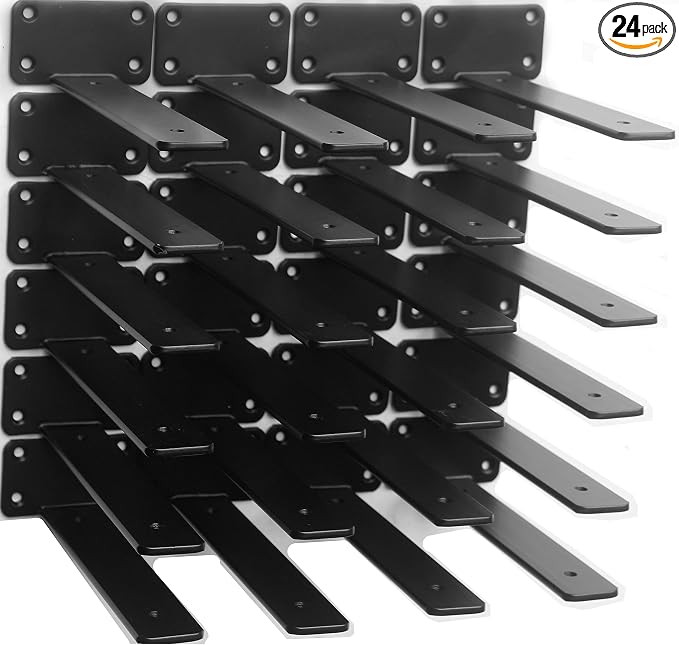 24 Pack - 9 inch Black Hidden L Shelf Bracket (1/5 Inch Thicked) Iron Floating Shelf Brackets Rustic Industrial Metal Brackets for Shelf Support
