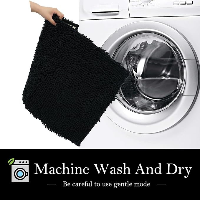 Bathroom Rugs Chenille Bath mat 2 Piece Set, Super Absorbent, Strong PVC Non Slip Backing, Bath mats for Bathroom, Plush Shaggy, Thick, Machine Washable, Bathtub, Shower, Toilet.(Black)
