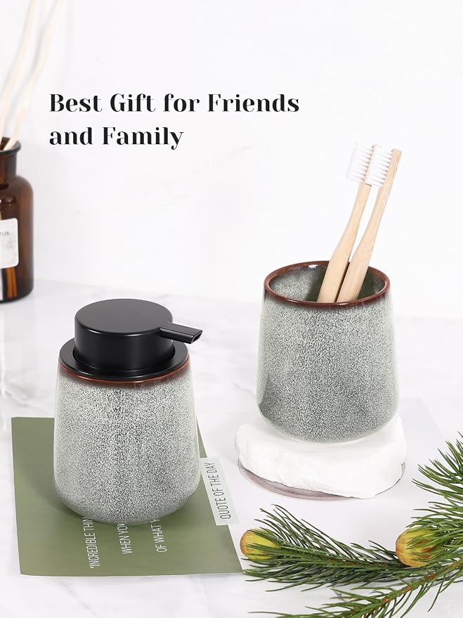 INGOFIN Ceramic Toothbrush Holder, 12 oz Toothpaste Holder Bathroom Cup, Tooth Brush Holder for Vanity Countertop, Organizer Storage for Cosmetic, Makeup, Office Pencils, Kiln-Glazed Grey White