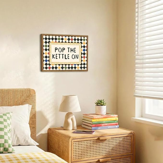 Pop The Kettle On Wall Art Vintage Colorful Kitchen Quote Sign Wall Decor Picture Retro Tea Lover Poster Canvas Painting Print for Kitchen Coffee Bar Dining Room 24x16 inch Wood Framed