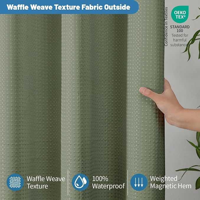 2-in-1 Waterproof Fabric Shower Curtain - No Separate Liner Needed, Hotel-Style Waffle Weave, Effortless Cleaning & Washable Bathroom Shower Curtain Set,72Wx78H,SageGreen