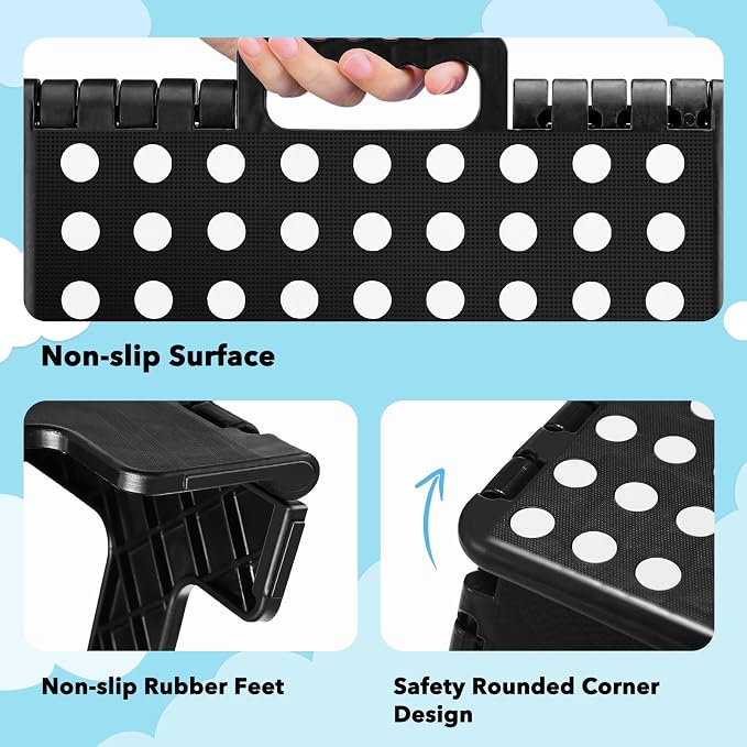 ACKO Folding Step Stool 9 Inch, Non-Slip Foldable Stools for Kids, Black | Heavy Duty Collapsible Foot Stool, Lightweight, Holds 300lb for Toddler/Adults Kitchen Bathroom Bedroom Outdoor, with Handle