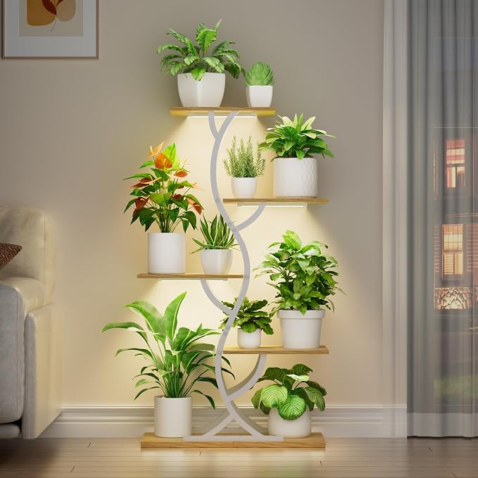 Plant Stand Indoor with Grow Lights - 5 Tiered Corner Plant Shelves (White) | 44" Tall Metal Plant Shelf, S-Shape Lighted Flower Holder Dispaly Rack for Living Room, Home, Patio, Balcony