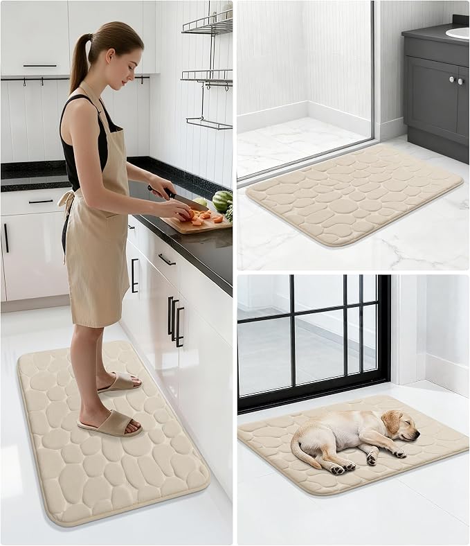 Memory Foam Bath Mat Cobblestone Bathroom Rugs Super Water Absorbent Bath Mats for Bathroom Machine Washable Bath Rugs(24 x 36,Khaki)