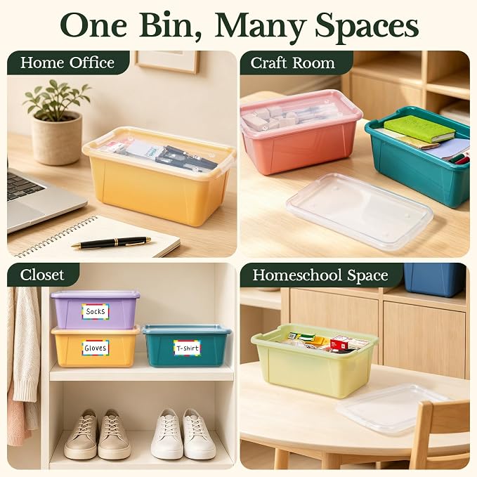 GAMENOTE 6 Quart Storage Bins with Lids, Plastic Latching Box for Classroom & Kids Toy Storage,Stackable Shoe Box Size Containers for STEM Morning Tubs, Crafts & Blocks (6, Morandi)