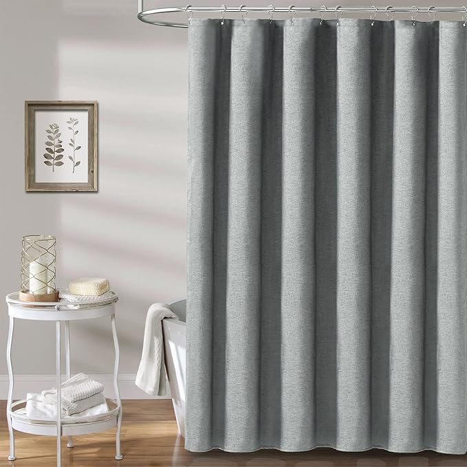 54x78 Linen Textured Waterproof Fabric Shower Curtain Set, Grey/Gray | Narrow Long Size, 230GSM Polyester, Heavy Duty Cloth, Weighted Hem, 10 Hooks, Modern Luxury Hotel Style, Machine Washable