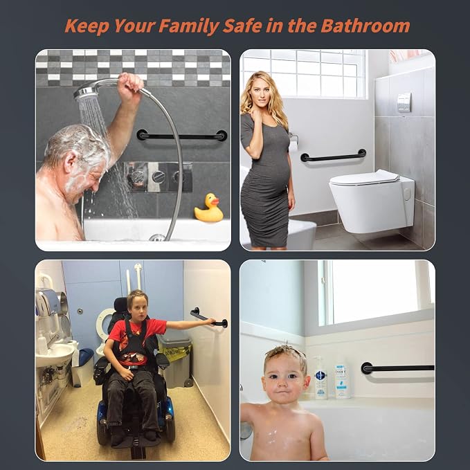 Black Safety Bar 20 Inch, Shower Grab Bar for Senior | Anti-Slip Knurled Grip, 1.25" Diameter, Stainless Steel Bathroom Handrail for Elderly, Handicap Support Bars, Wall Mounted
