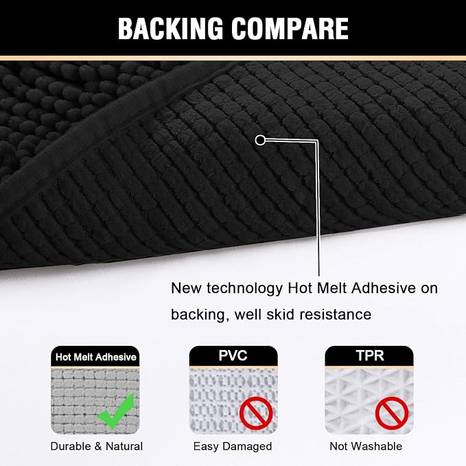 H.VERSAILTEX 20x32 Bath Mat Non-Slip Bathroom Rug Shag Shower Mat Machine-Washable Bath Mats with Water Absorbent Soft Microfibers Chenille Plush Rugs - Black