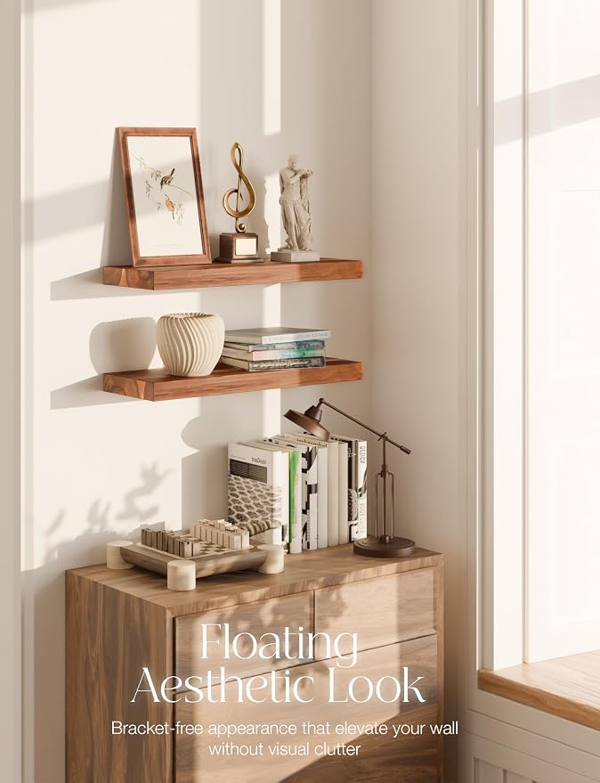 BATODA Wood Floating Shelves, Wall Mounted, 17" Set of 2, Hardware Included | Acacia Wood, 100LBs Capacity, Hidden Brackets, Easy DIY Assembly, Rustic Farmhouse Style, for Bathroom, Bedroom & Kitchen