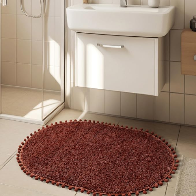 YIRDDEO Oval Rug for Bathroom, Boho Bath Mat with Pom, Terracotta, 36"x24" | Soft Plush, Absorbent, Quick Dry, Machine Washable, Non Slip Bath Mat for Bathroom Shower Floor Home Decor