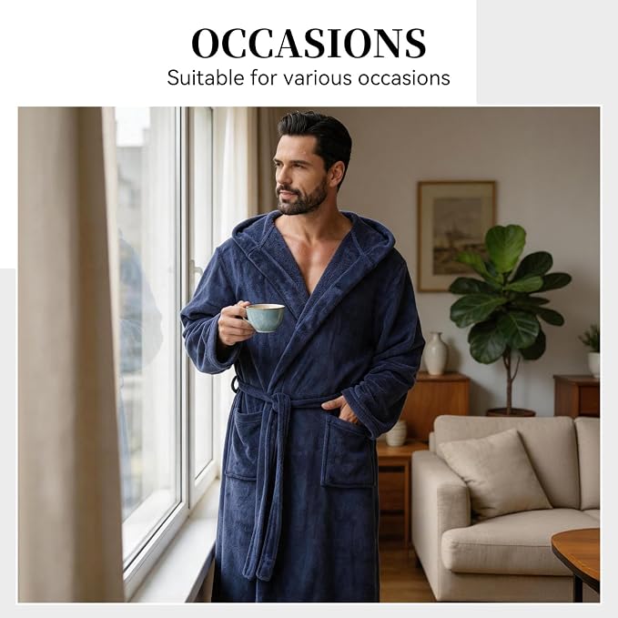 Absorbent Fleece Mens Robe with Hood Warm Cozy Ultra Soft Bathrobe Luxury Quick Dry Spa Towel Robe for Men
