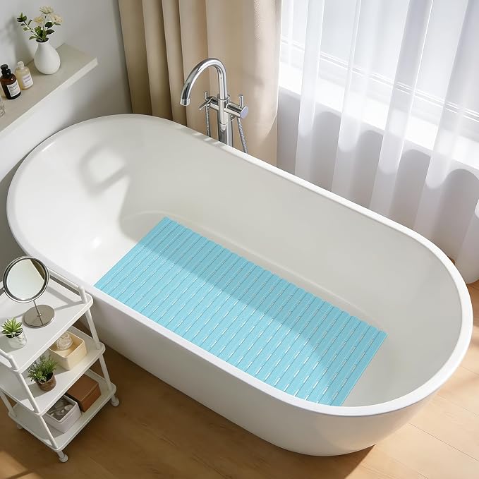 OTHWAY Shower Mat Non Slip, 36.6" x 16.9" Non Slip Soft Bath Mat for Tub, Shower Anti Slip Mat with Suction Cups, Easy to Cut Shower Floor Mat, Machine Washable Bathtub Mat, Light Blue