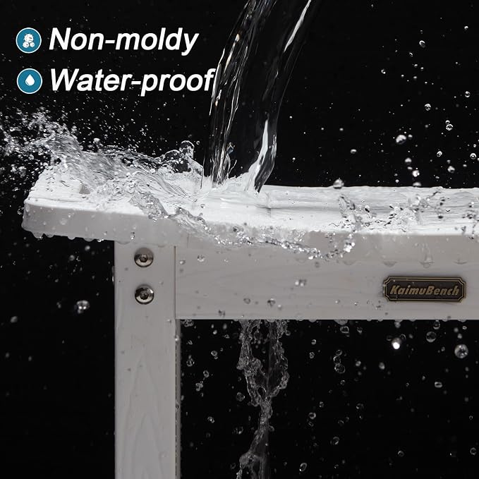 KaimuBench HDPS Curved Shower Bench Waterproof Bath Stool with Storage | Poly Shower Stool for Shaving Legs, Handles & Shower Head Holder, Adjustable Feet for Inside Shower, Non-Slip, Anti-Rotting