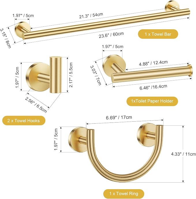 TURS Brushed Gold 5-Piece Bathroom Hardware Set Towel Bar Set 23.6inch Towel Racks for Bathroom Wall Mounted, SUS304 Stainless Steel Towel Holder Set.