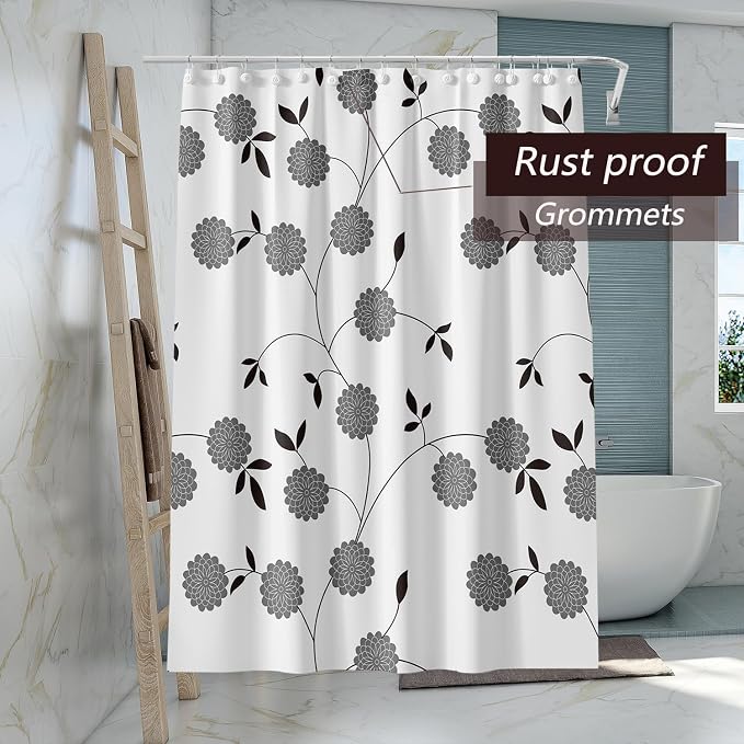 TIKABC Shower Curtain Liner, 4G PEVA Black and White Tree Flower Shower Liner, Plastic Waterproof Shower Curtains, 72x72 inch with Grommet Holes 3 Magnetic Weights
