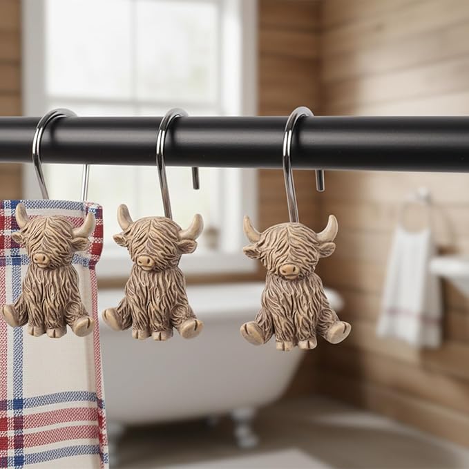 Highland Cow Cattle Shower Curtain Hooks, 12 Pack Resin Cow Bathroom Decor Rings, Farmhouse Western Shower Curtain Hangers with Rust-Resistant Metal Clips for Standard Shower Rods