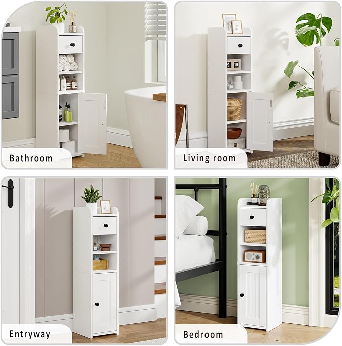 Lomojo Small Bathroom Storage Cabinet with Drawer,7.75L*7.75D*29.6H (White) | Narrow Toilet Paper Holder, Corner Floor with Doors for Small Space, Adjustable Shelf Organizer