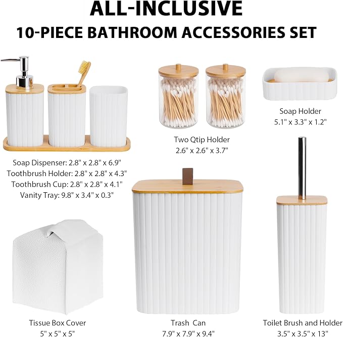 Bathroom Accessory Set, 10 Piece White Bathroom Set Complete | Includes Trash Can, Soap Dispenser, Toothbrush Holder, Soap Holder, Tumbler, Toilet Brush, Tray, Qtip Holders, Tissue Cover