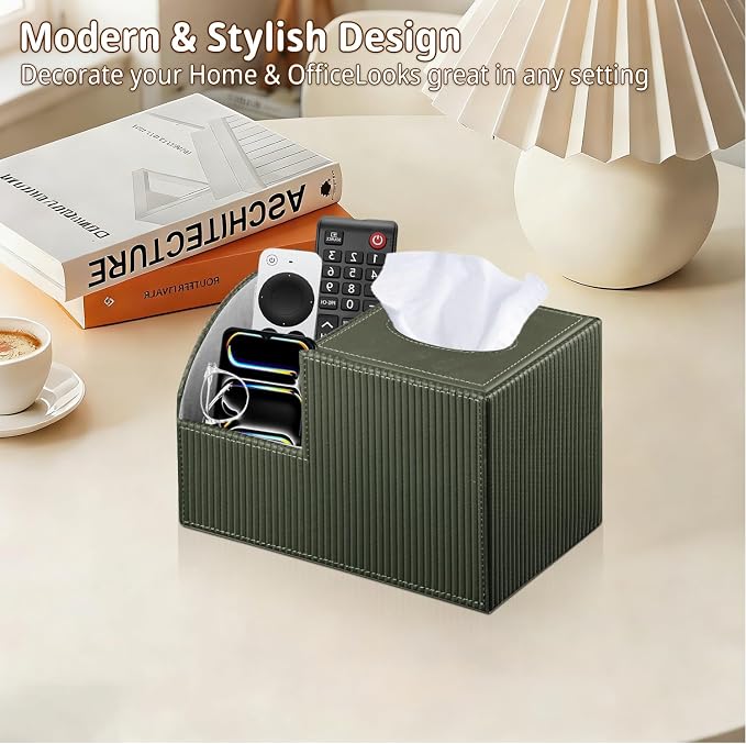 PUSU Square Tissue Box Cover with Storage and TV Remote Control Holder | Multi-Functional Cube facial Tissue Box Organizer for Bathroom,Vanity,Side table,Nightstand,End Table,Side table,Home Decor