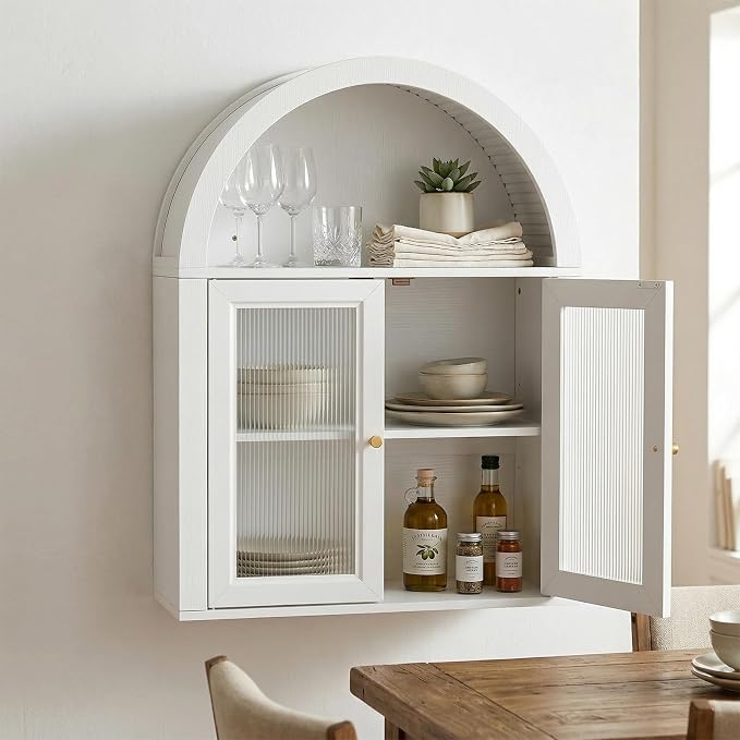 Arched Bathroom Wall Cabinet, Boho Medicine Cabinet with Tempered Glass Doors, Above Toilet Storage Cabinet, Wall Mounted Adjustable Shelf for Living Room, Restroom,White