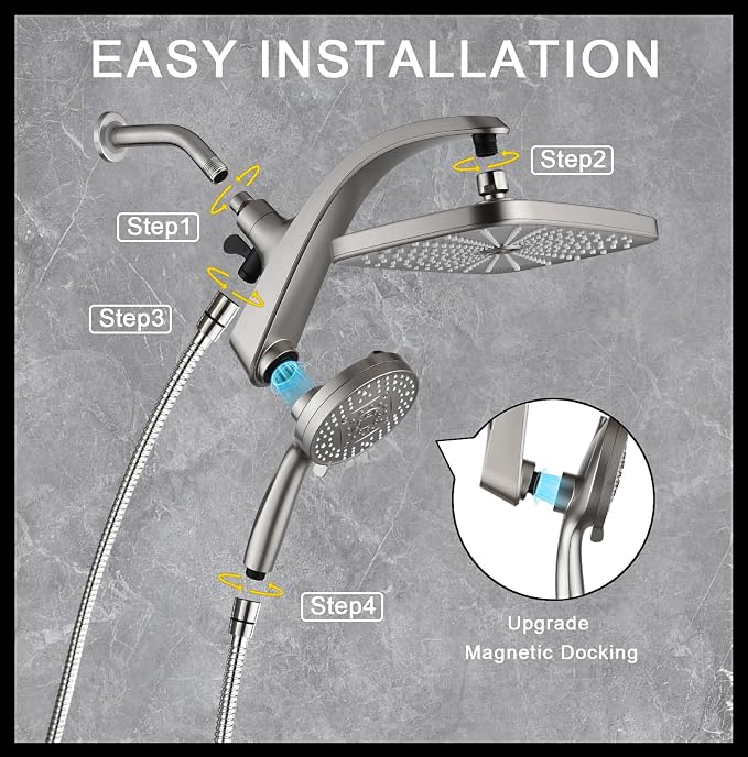 12" High Pressue Rain Shower Head with Handheld, 9 Sprays Hand Showerhead | Shower Heads with Handheld Spray Combo, Dual Head, Built-in Magnetic Docking, Power Jets, 59" Shower Hose, Nickel 1.8GPM