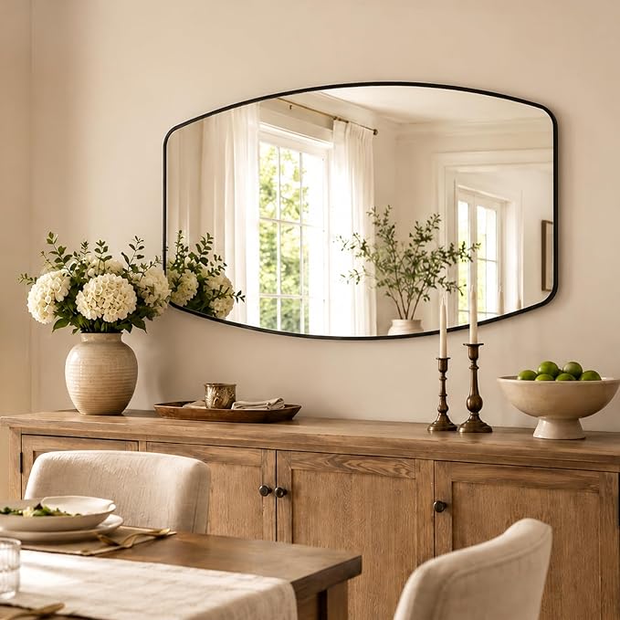 Matte Black Curved Rectangle Bathroom Mirror, 24x36 Inch | Aluminum alloy frame, tempered glass, two-way keyhole mount, for bedroom, entryway, hallway