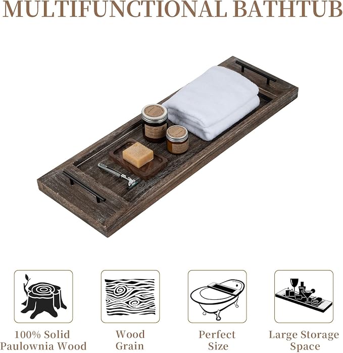 Hanobe Wood Bathtub Tray Bath Caddy with Handles, 31" | Distressed Rustic Finish, Rustic Long Board Shelf Over Tub for Bathroom Decor