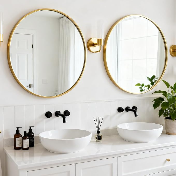 Round Wall Mirror 30 Inch Gold Vanity Mirror with Metal Frame | Modern Circle Wall Mounted Decorative Mirrors for Bathroom, Entryway, Bedroom, Living Room