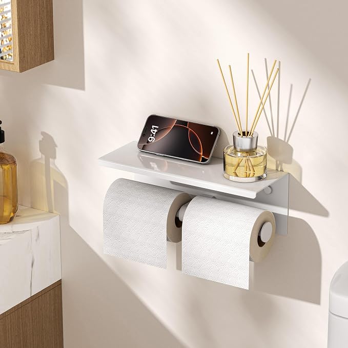 FORIOUS Toilet Paper Holder with Shelf, Commercial Toilet Paper Dispensers | White | Wall Mount Bathroom Tissue Holder | SUS304 Stainless Steel Rustproof | Double Tissue Roll Holder