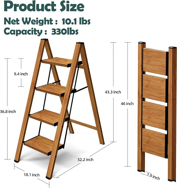 Taranta 4 Step Stool Foldable,Aluminum Step Ladder-Woodgrain | Lightweight,Wide Anti-Slip Pedals,Folding Step Stool,330lbs Capacity Stepladder for Household,Kitchen,Office