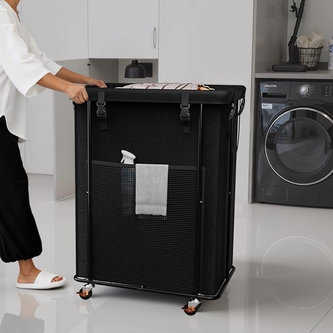 Laundry Hamper with Wheels and Lid, 110L Large Rolling Laundry Basket Black | Heavy Duty Clothes Organizer, Sturdy Metal Frame, Lockable Swivel Casters, Removable Bag, For Bedroom, Bathroom, Laundry Room