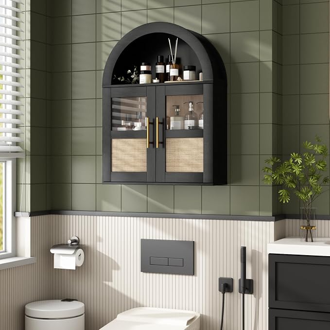 RUSTOWN Arched Bathroom Wall Cabinet with 2 Glass & Rattan Doors | Rattan Medicine Cabinet, Farmhouse Over the Toilet Storage Cabinet, Adjustable Shelves, 3-Tier Wall Mounted Cabinets