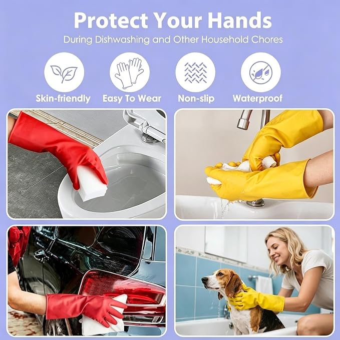 Rubber Kitchen Dishwashing Gloves - 4 Pairs Colorful Reusable Cleaning Gloves for Kitchen Washing Dishes and Household Cleaning(Large, Yellow+Red)