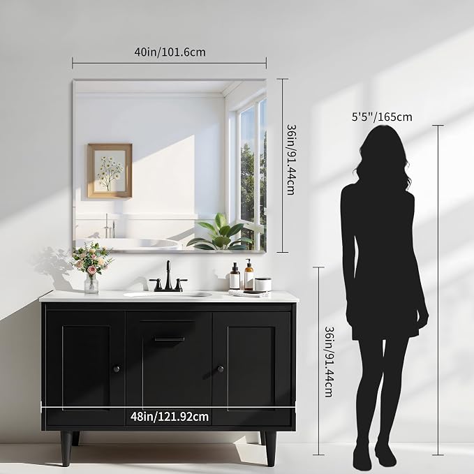KOCUUY Beveled Mirror, 40x36 Inch Large Frameless Bathroom Mirror for Over Sink, Upgraded Shatterproof Beveled Unframed Design Mirror for Bathroom, Bedroom, Hang Horizontal/Vertical