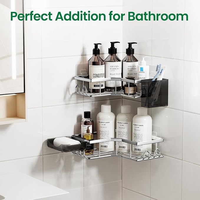 Adhesive Shower Caddy, 2 Pack Corner Bath Organizer, Rustproof Stainless Steel Shower Shelves with Large Capacity, No Drilling Shelves for Bathroom Storage, Home, Kitchen Decor (Silver).