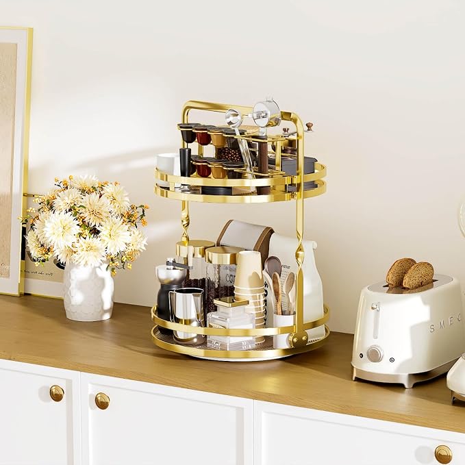 360°Rotating Makeup Organizer, Gold Bathroom Organizer Countertop | 2-Tier Bathroom Organizer Countertop, Lazy Susan Spinning Perfume Stand Vanity Tray Skincare Storage with Makeup Brush Holder
