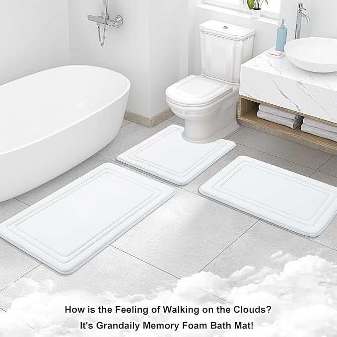 Grandaily Memory Foam Bath Mat Rug 24x16, Ultra Soft, Non-Slip and Absorbent Bathroom Rugs, Machine Wash Dry, Comfortable Bath Carpet for Bathroom Floor, Tub and Shower, White