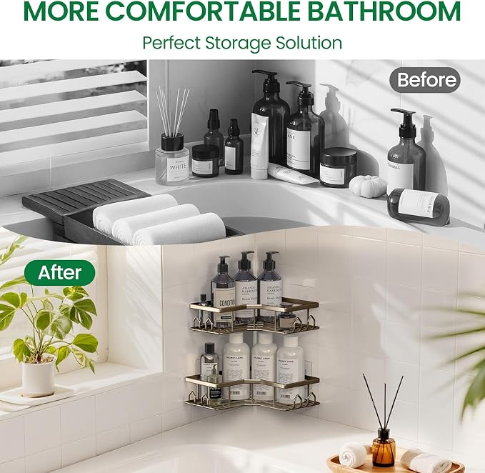 Adhesive Shower Caddy, 6 Pack Corner Bath Organizer, Rustproof Stainless Steel Shower Shelves with Large Capacity, No Drilling Shelves for Bathroom Storage, Home, Kitchen Decor (Brown).