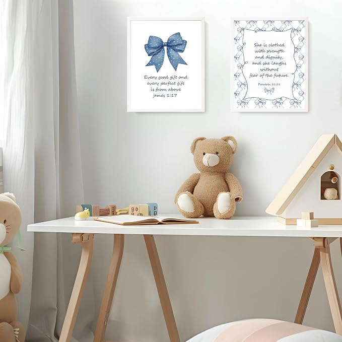 LARTSFRO Coquette Navy Blue Bow Jesus Wall Art Decor Posters, Blue Bow Christian Room Bedroom Bathroom Wall Art Decor Aesthetic for Teen Girls College Gifts, Inspirational Bible Verses Bow Wall Decor, 10x8 Inch Set of 4 Bow Pictures(UNFRAMED)