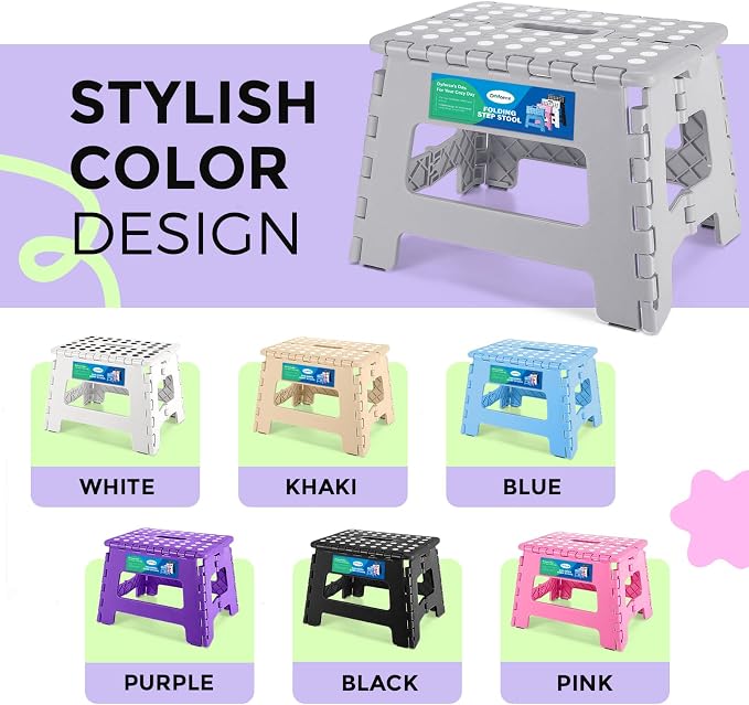 Dyforce Kids Step Stool 9 Inch, 300lbs Folding Step Stool for Toddler | Step stool Grey,Anti-slip Heavy Duty with Handle, Lightweight Foldable Foot Stool for Bathroom Kitchen Bedroom Outdoor
