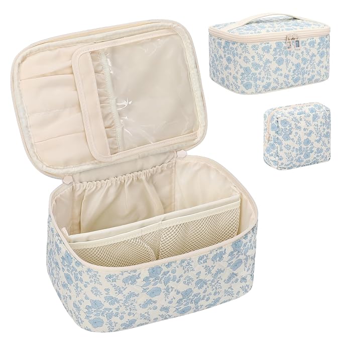 Makeup Bag Set, Portable Travel Makeup Bags Cosmetic Organizer Bag for Women Cute Floral Cosmetic Pouch Large Capacity Make up Bag Toiletry Bags with Divider and Handle-Floral