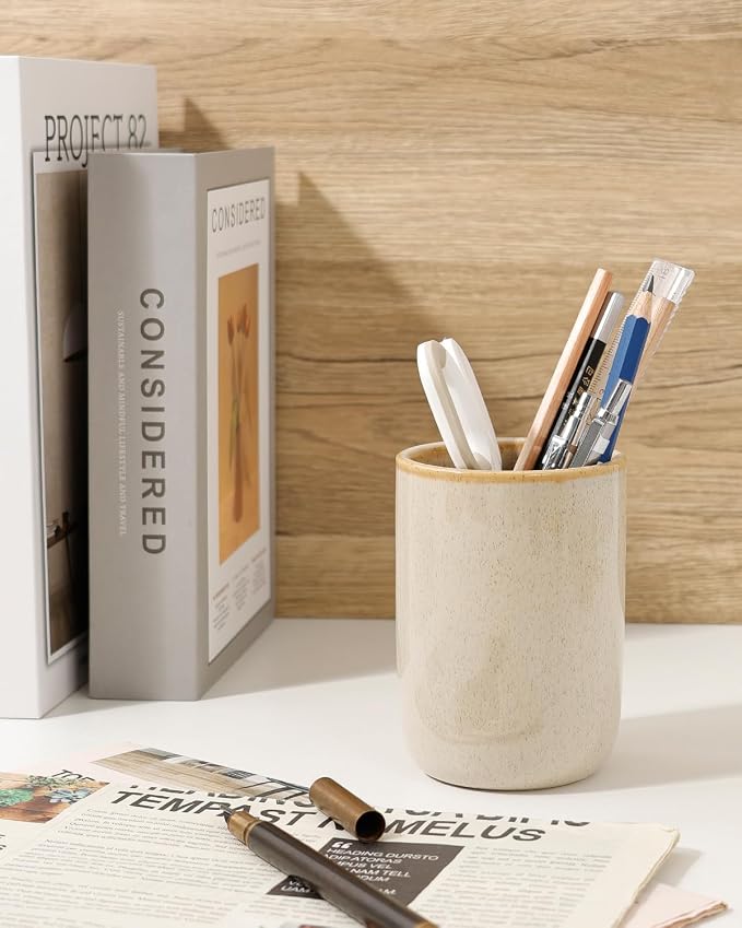 BosilunLife Ceramic Toothbrush Holder (Greige, Cylinder)