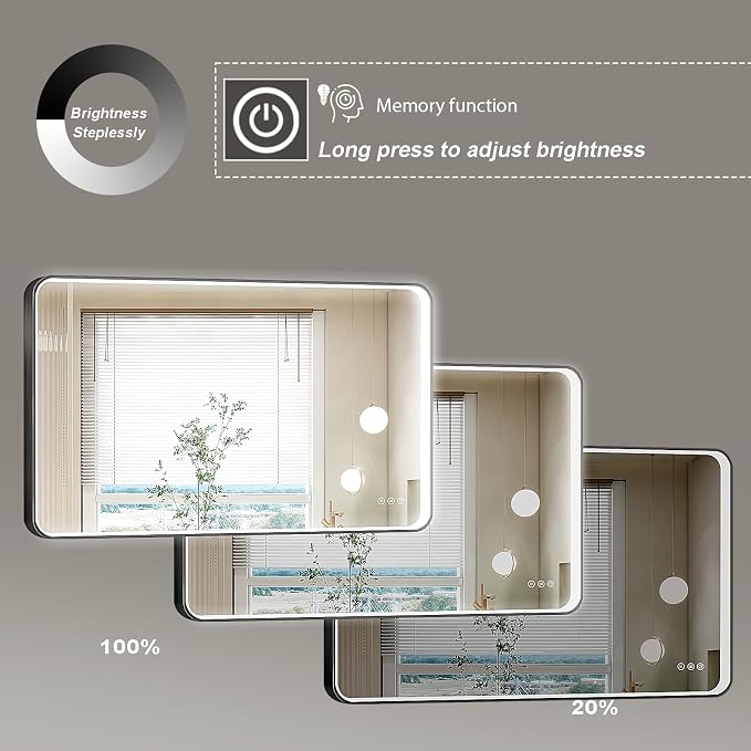 LED Mirror for Bathroom 48X28 Inch Black Framed with Anti-Fog, Stepless Dimmable, Front Lit, LED Bathroom Vanity Mirror for Wall, Memory Function, Shatter-Proof