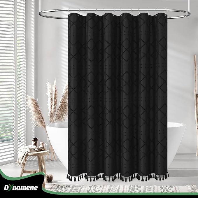 Stall Boho Farmhouse Shower Curtain Tufted Geometric 54"x72" Black | 54 Inch Wide, Elegant Tassel, Lightweight Textured Fabric, Water Repellent, Washable, for Narrow Bathroom/Dorm 10 Hooks