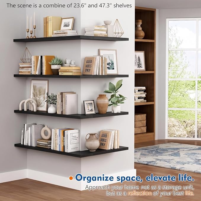Harwaya Black Floating Shelves for Wall 48 in, Wall Shelves for Living Room | Dark Wood Modern Decor Sturdy Display Hanging Shelves 2 Pack, Bedroom Kitchen Bathroom Office Laundry Room Entryway Island