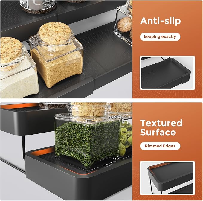 Expandable Spice Rack Organizer - 3 Tier Adjustable Spice Organizer for Cabinet & Countertop - Easy Visibility - Black