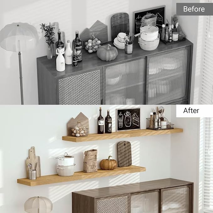 Vivelove Deep Floating Shelves 72x12” Set of 1, Oak | Easy Install With Hardware, 2" Thick, Invisible Brackets, Wall Mounted, No Sagging, For Any Room