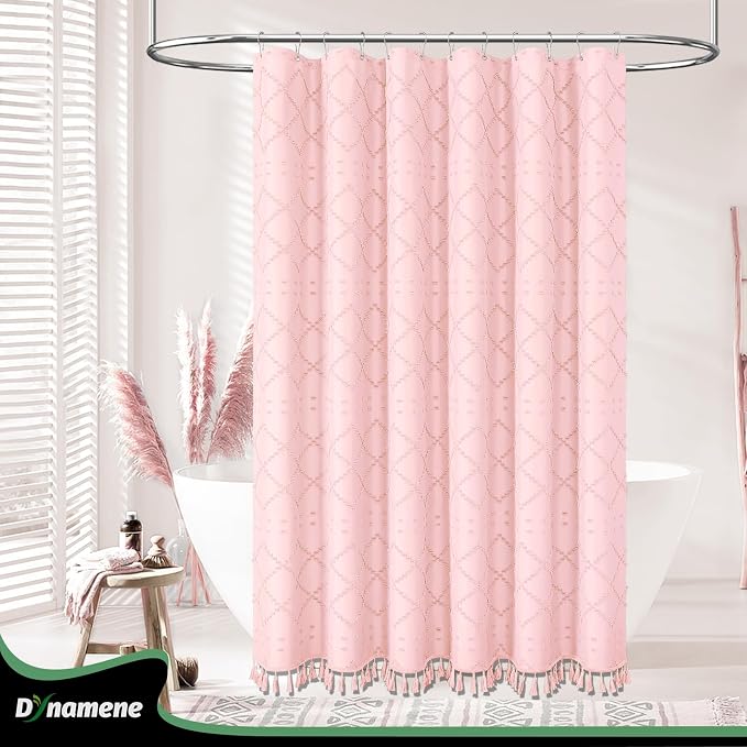 Extra Long Boho Shower Curtain Tufted Geometric 72"x96" Pink | 96 Inch Tall, Elegant Tassel, Lightweight Textured Fabric, Water Repellent, Washable, Hotel Spa, for Bathroom/Dorm 12 Hooks
